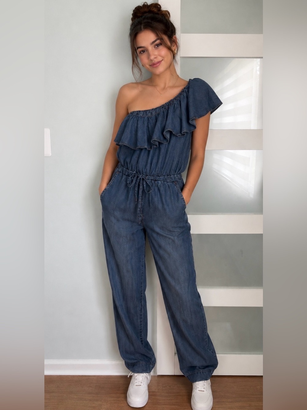 One-Shoulder Ruffle Denim Jumpsuit - Blue
